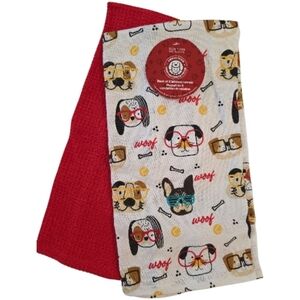 Safdie & Co Tea Towel Set (2) Funny Cute Dogs Wearing Glasses Waffle Knit Cotton